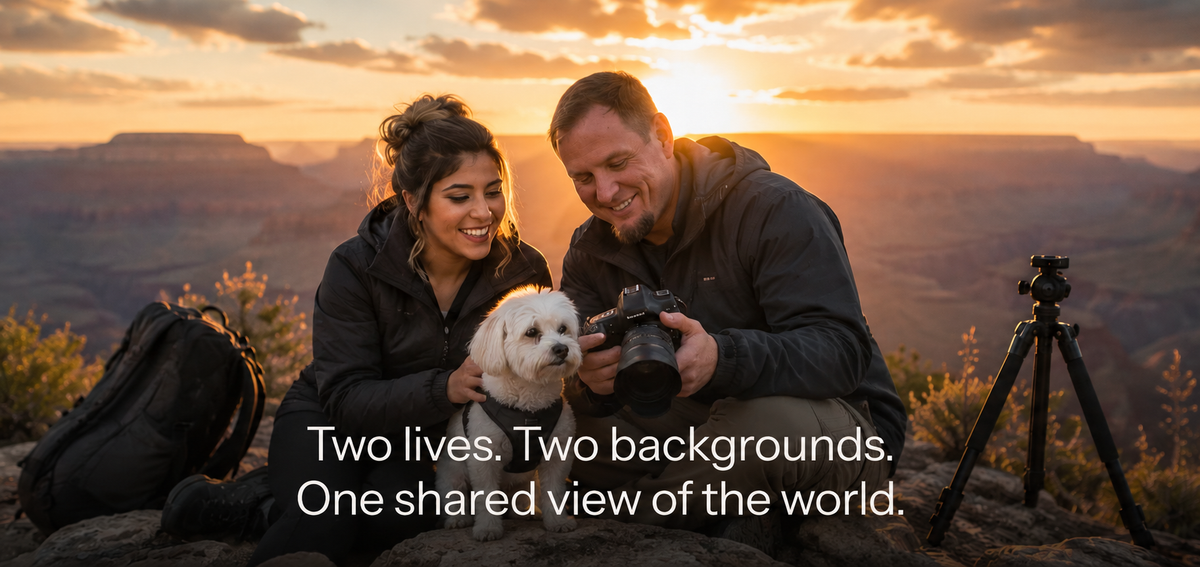 Michael and Mileidy Van Fleet with their dog, Lucas, photographing the Grand Canyon at sunset.